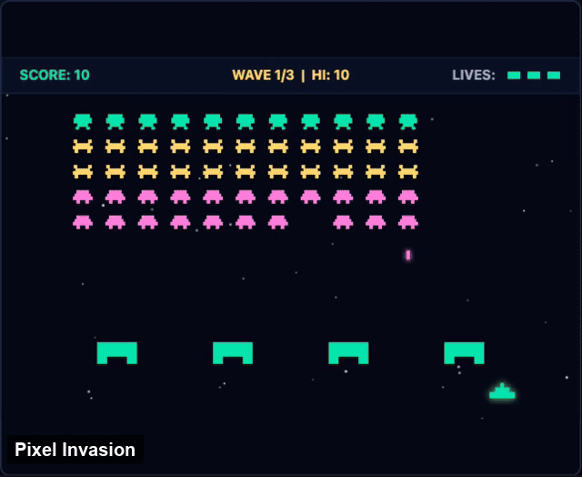 Six games from the catalog, each built by an AI agent from a written description