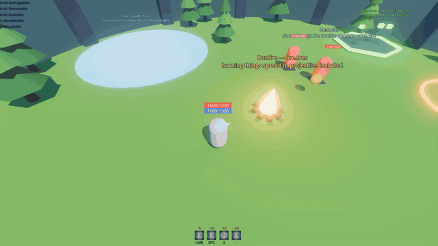 The Statescript demo: projectiles catch fire passing through the bonfire, and a brazier spawns enemies