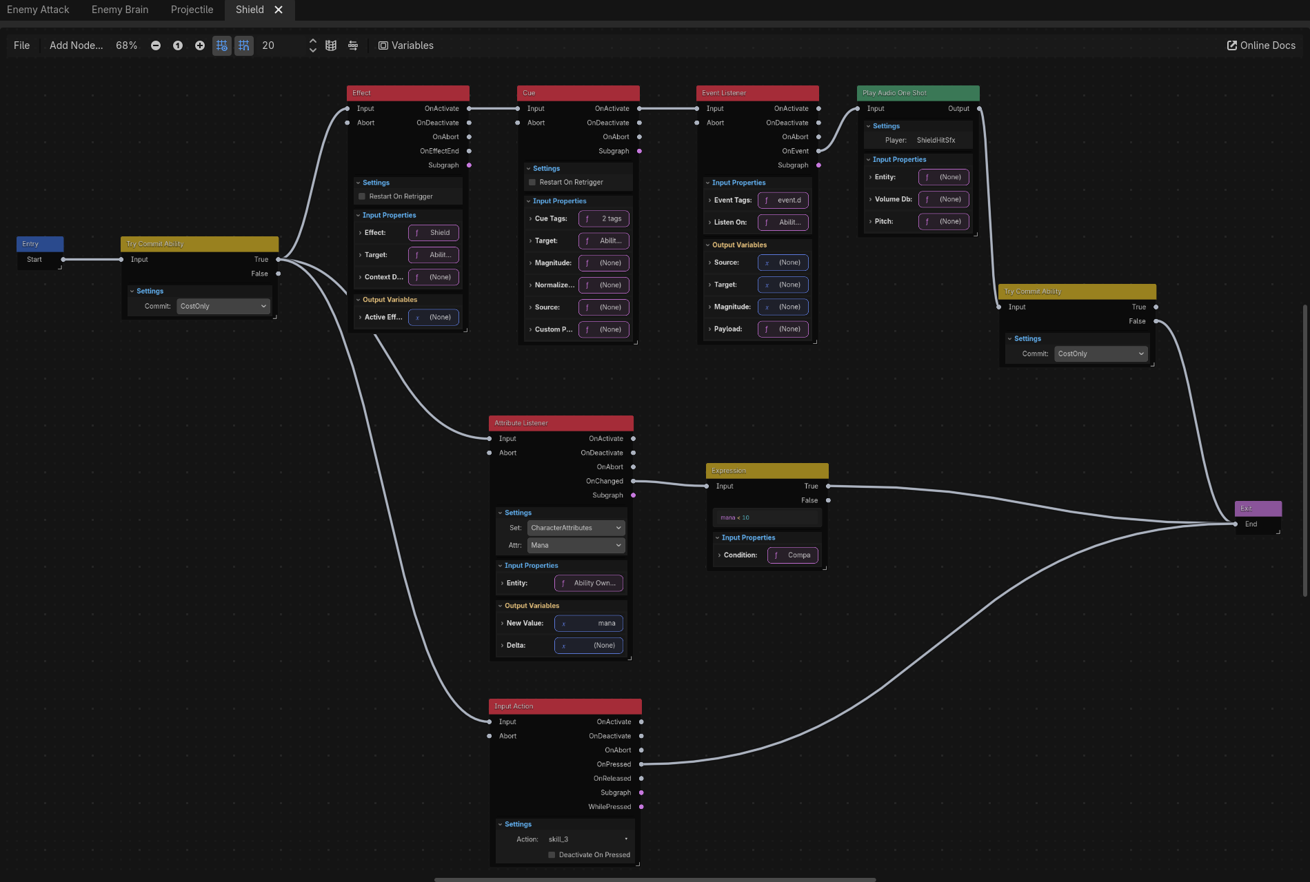 A Statescript graph for a toggled shield