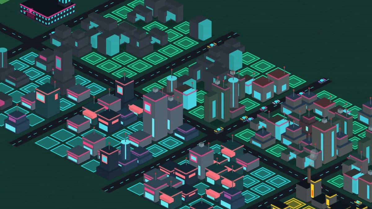 Neo Urbe gameplay: neon towers, illuminated roads and a cyberpunk skyline