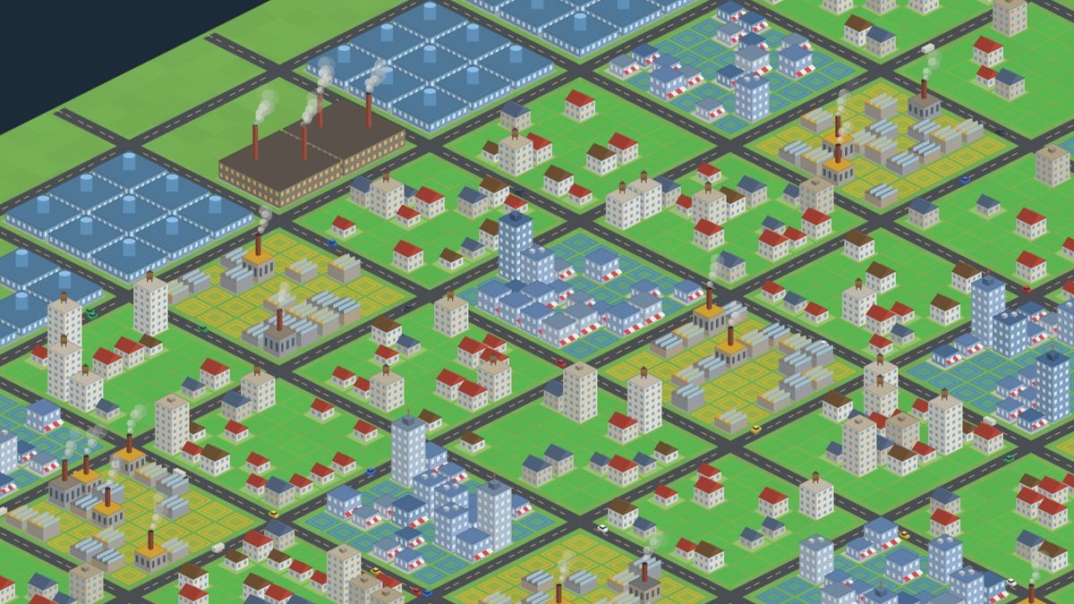 Urbe gameplay: an isometric city with roads, homes and industry