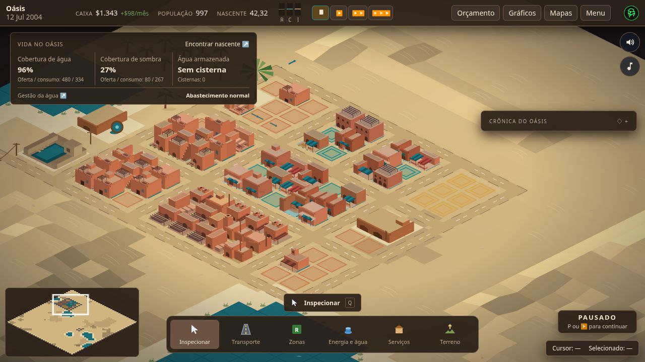 Urbe Oasis gameplay: an adobe desert city with palms, canals and water infrastructure