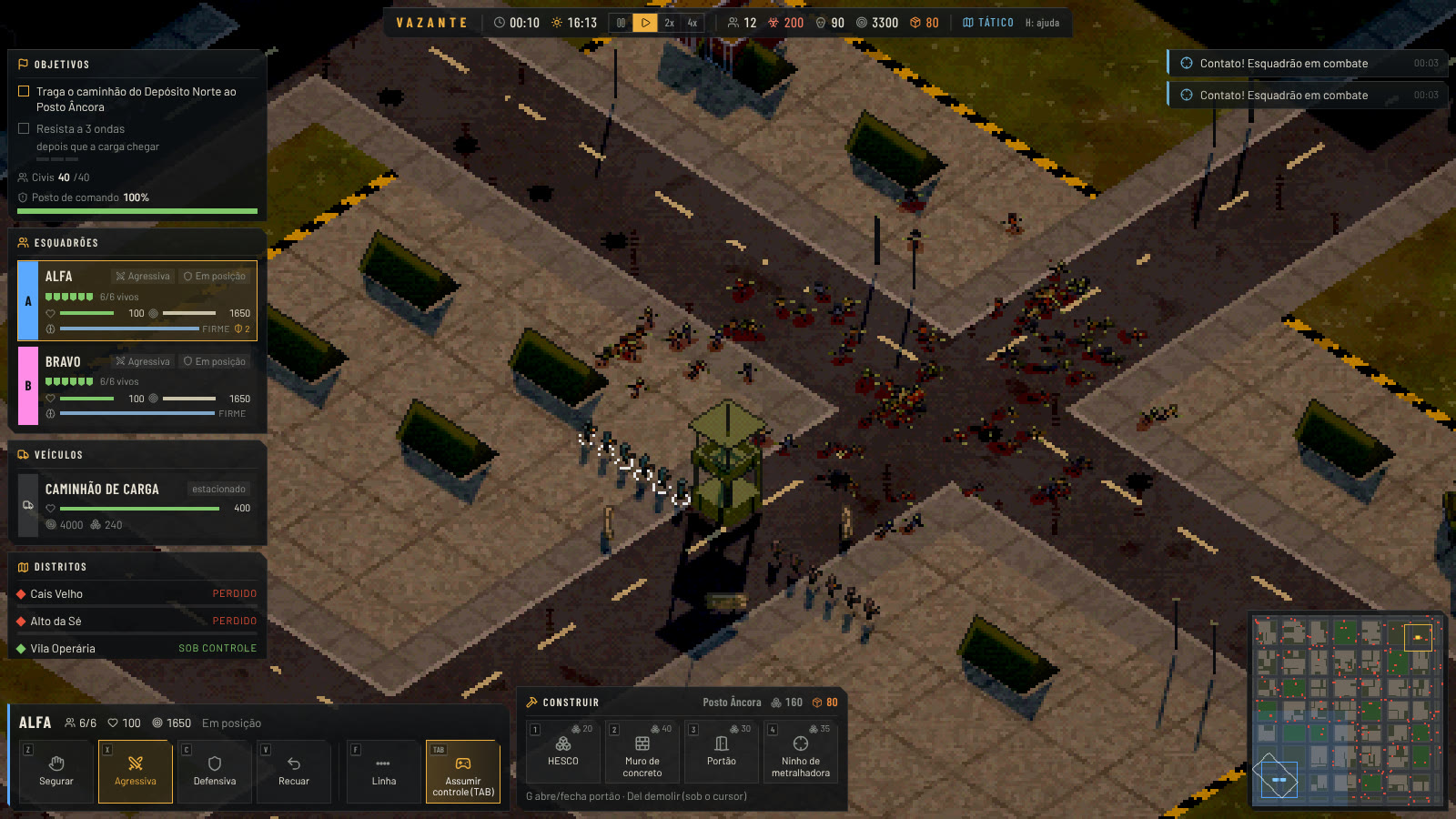 Vazante gameplay: two squads defend a crossroads against a horde, with objectives, supply trucks and a tactical minimap