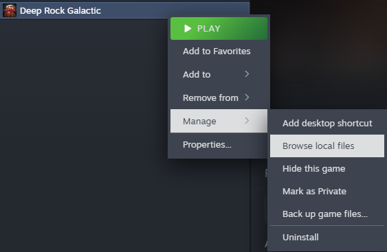 Steam menu showing where to open Deep Rock Galactic local files