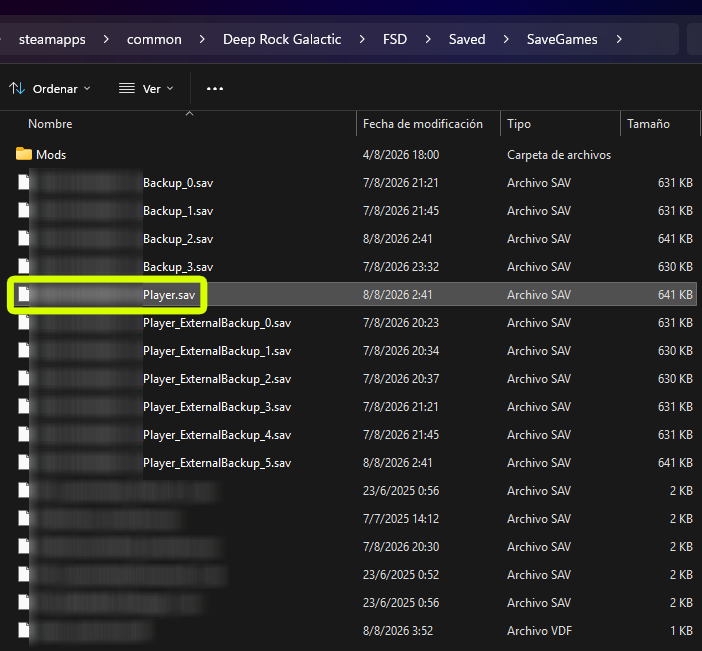 Deep Rock Galactic SaveGames folder showing the main Player save file