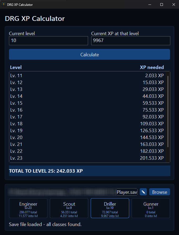 DRG XP Calculator with a loaded save file and detected class data
