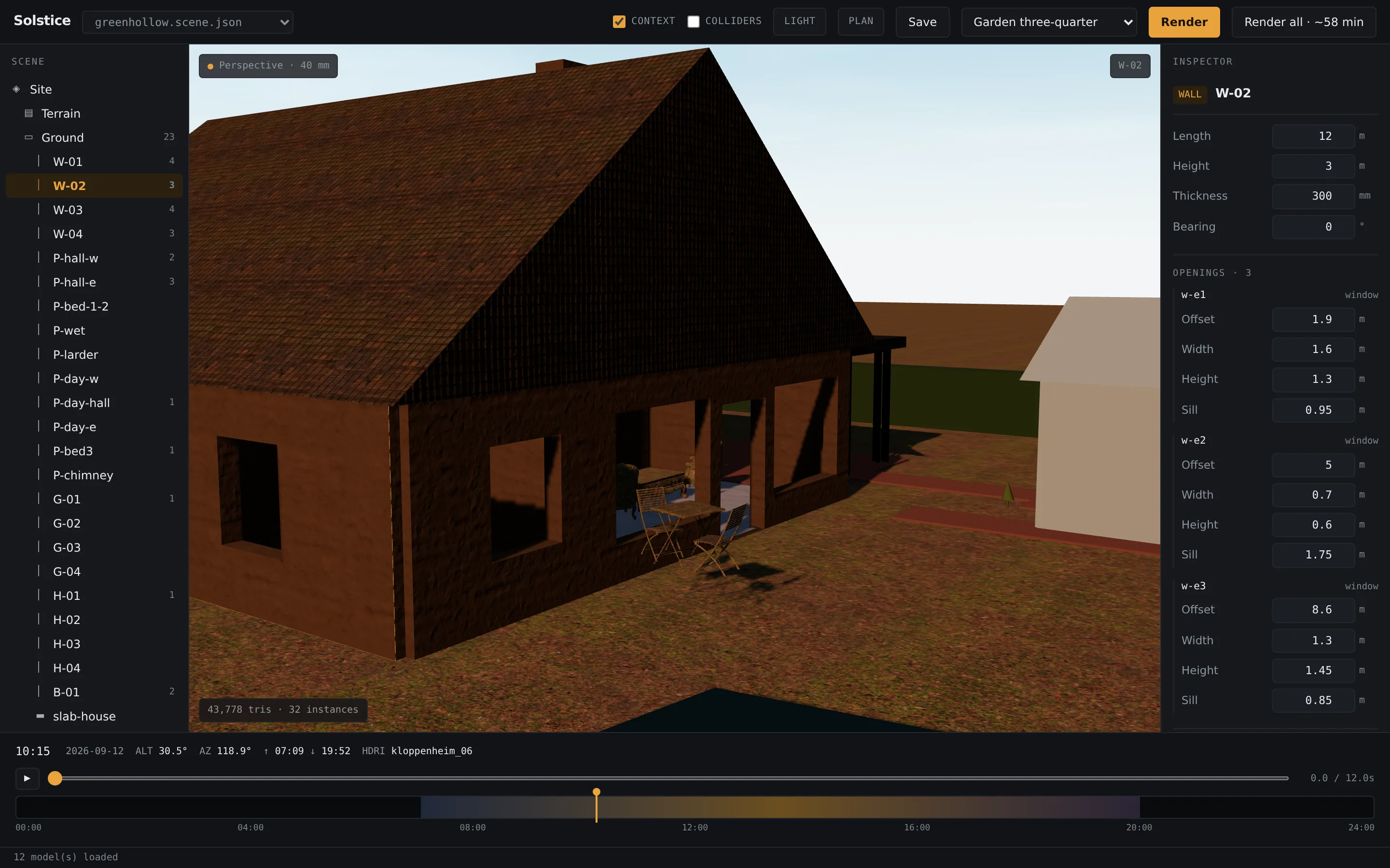 A lime-plastered house with a tiled roof in a 3D viewport, with one wall selected and its length, height and windows listed in an inspector panel