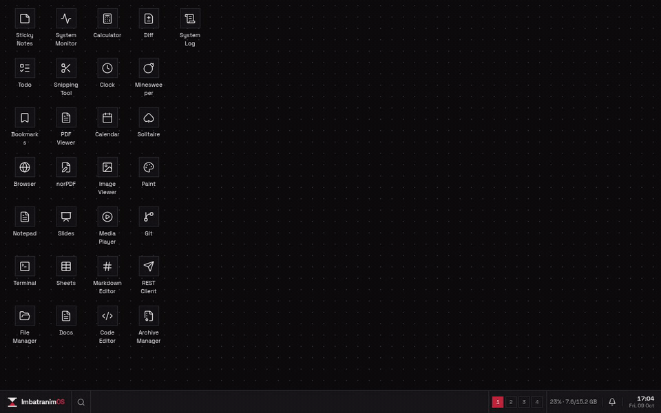 A Windows 7-style desktop in a browser tab: Start opens a Terminal that runs whoami, then File Manager and System Monitor open and are dragged into place