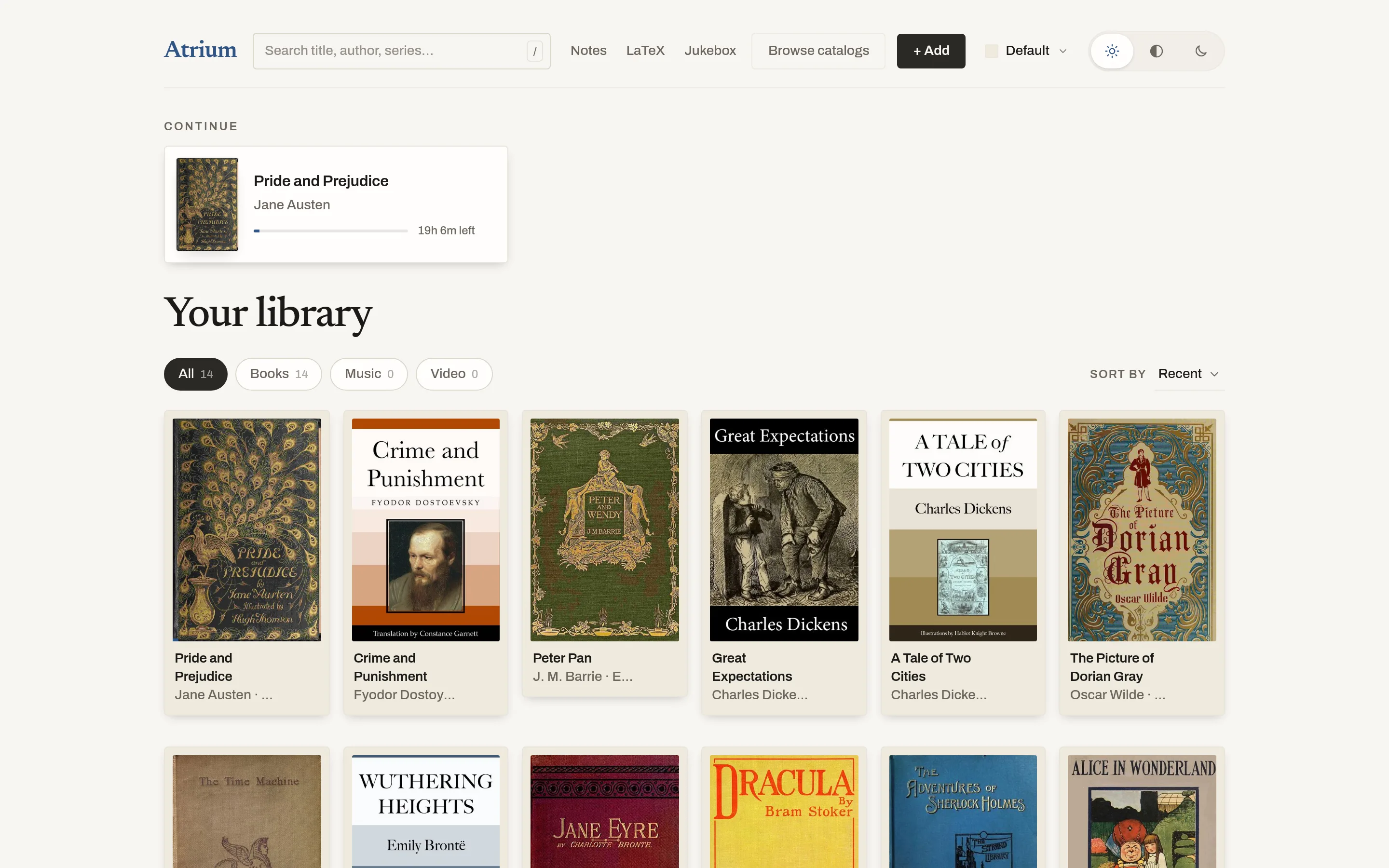 A library page with a Continue card for Pride and Prejudice, filter chips for Books, Music and Video, and a grid of book covers