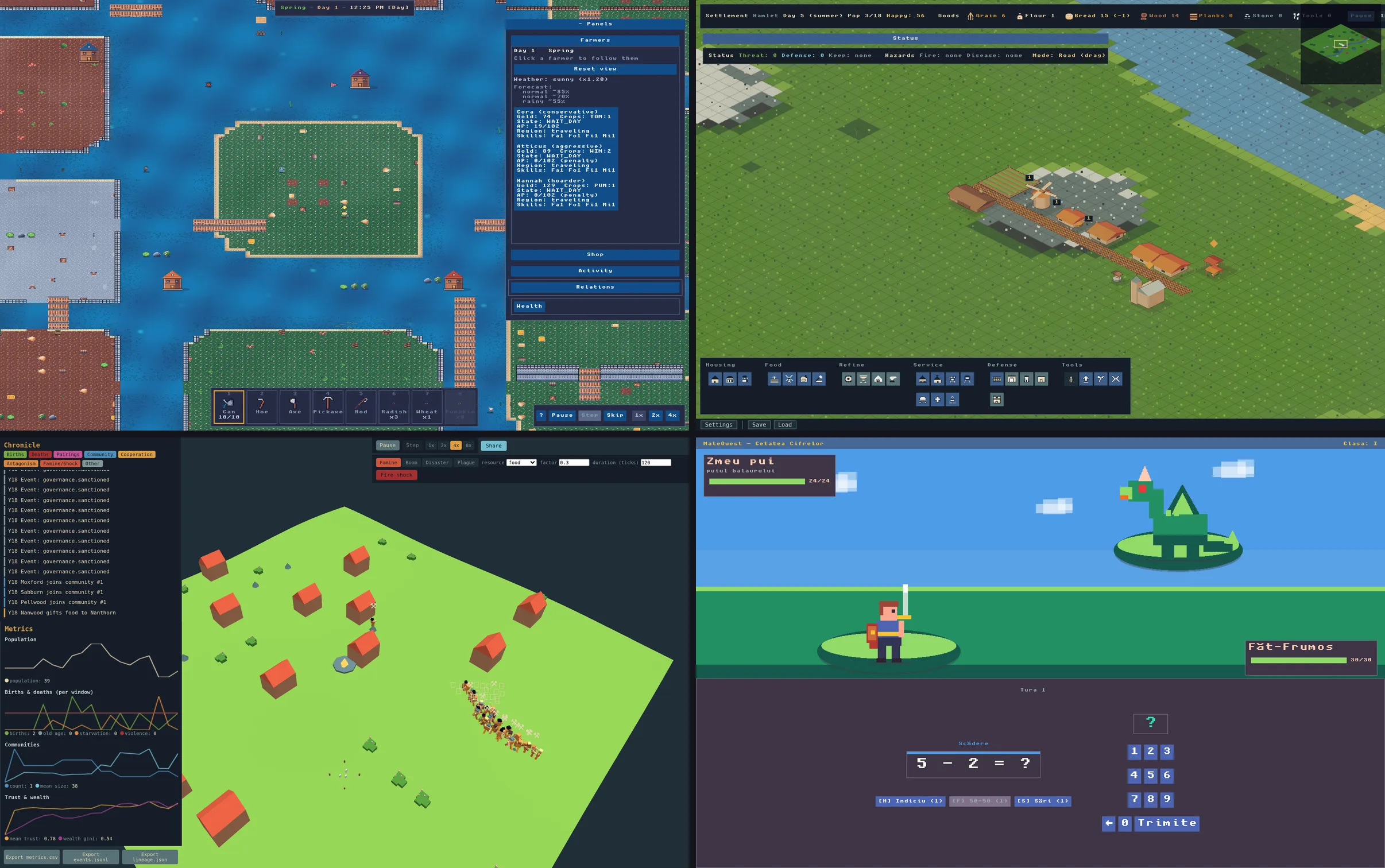 Four game screens in a grid: a pixel-art farm on islands, an isometric village, a 3D town beside population charts, and a knight facing a small dragon above a math problem