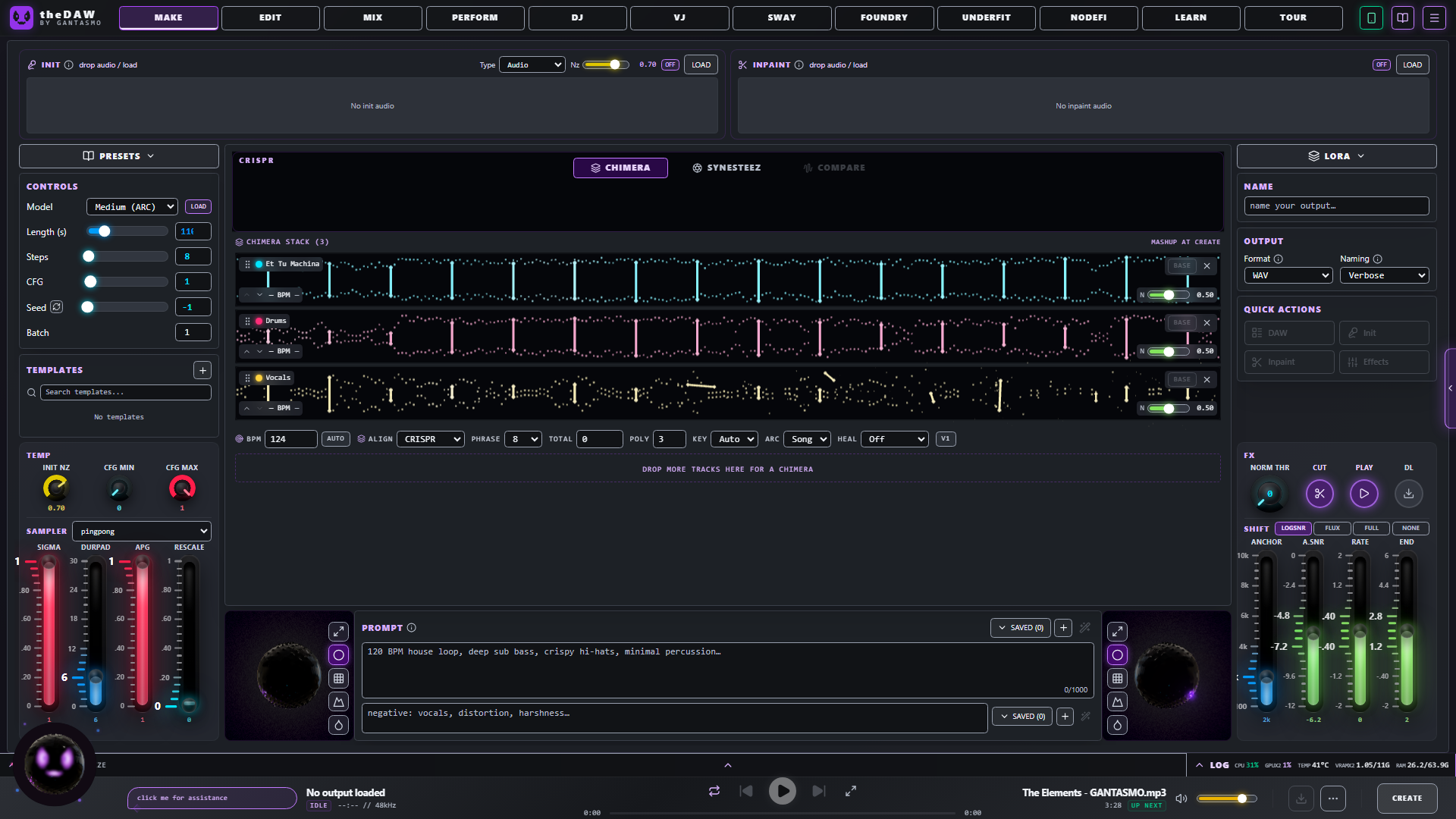 The Chimera stack with three clips, their BPM and key analysis, and the CRISPR splice preview