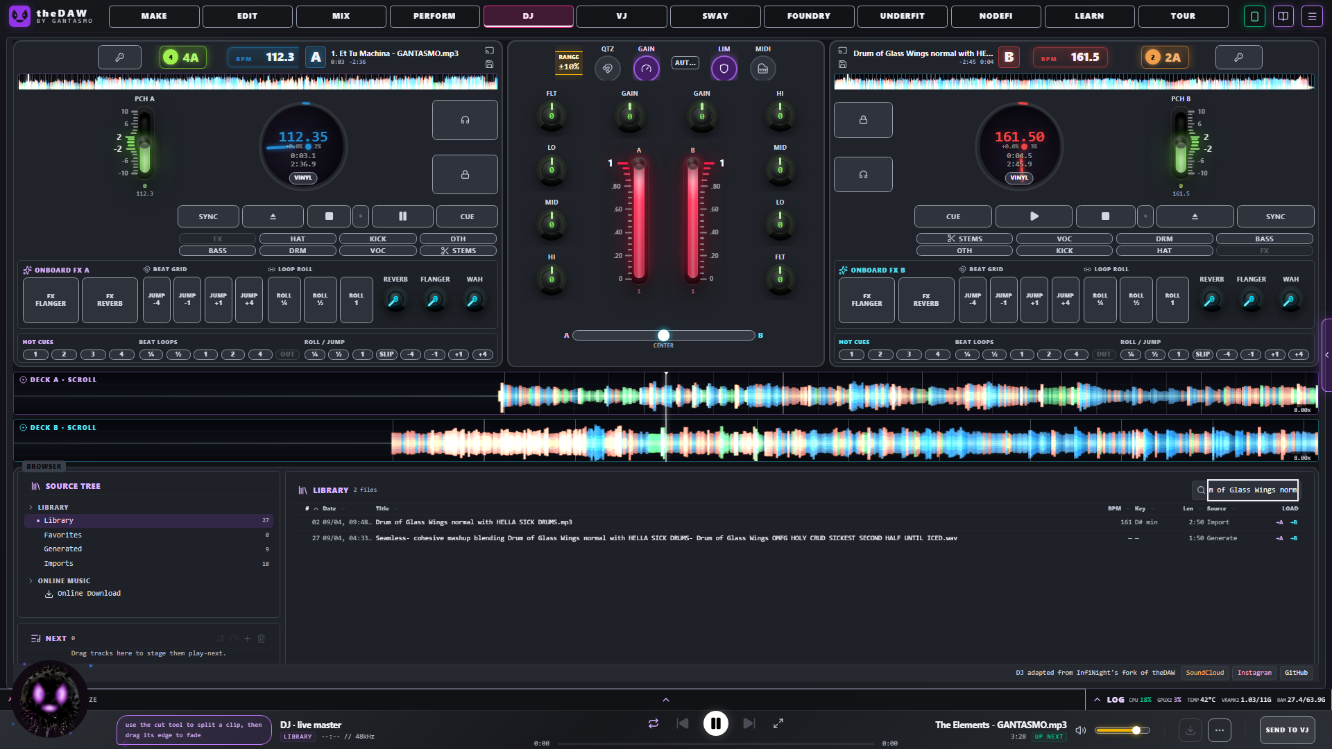 The DJ tab with a track on each deck, the mixer and the FX rack