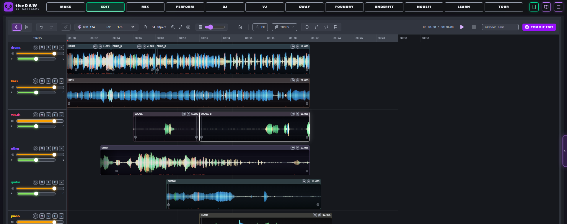 The EDIT timeline with six stem tracks, split clips, fades and the cut tool