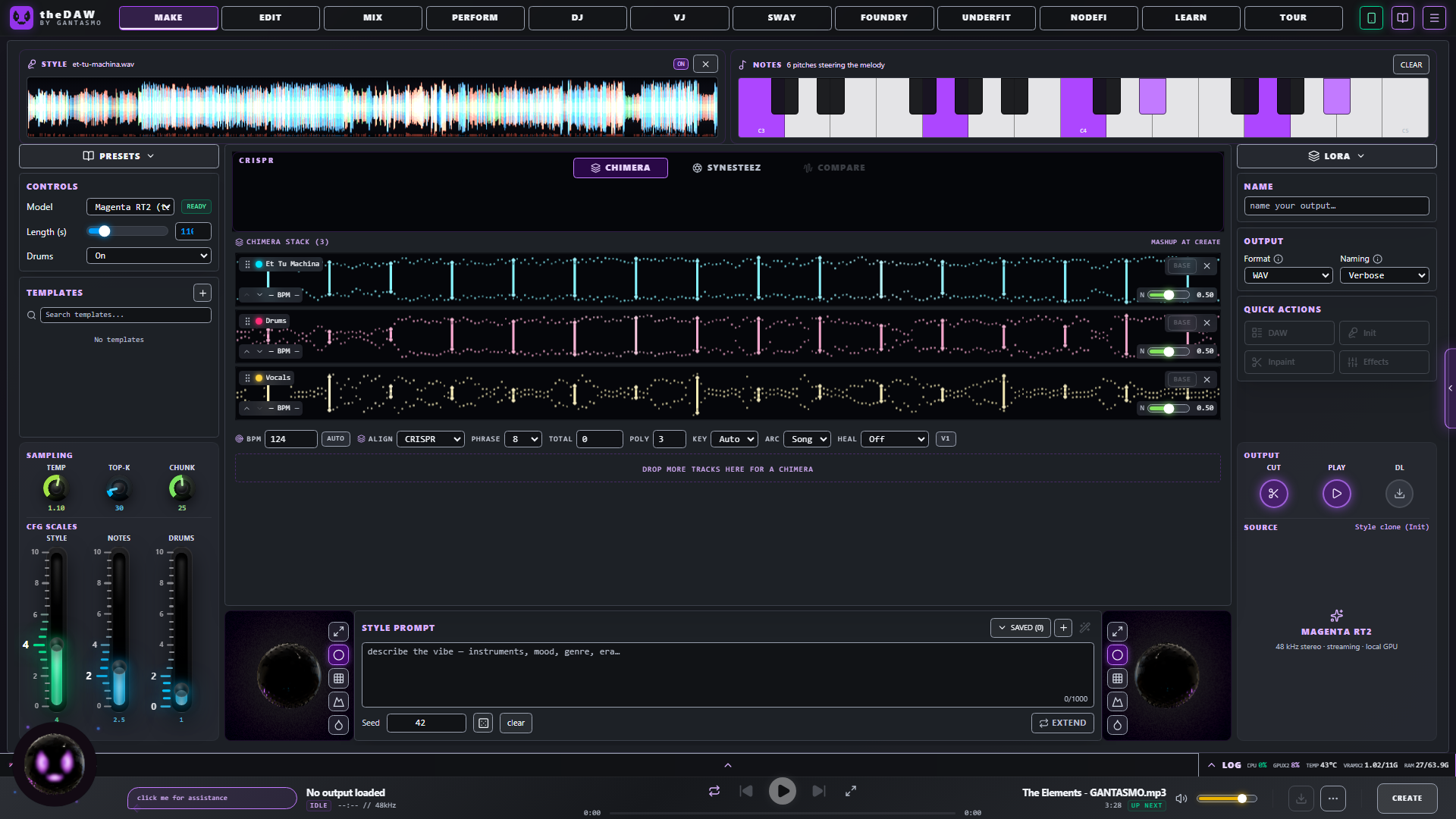 The Magenta RealTime 2 panel with a style clip, steering notes on the keyboard and the Chimera stack
