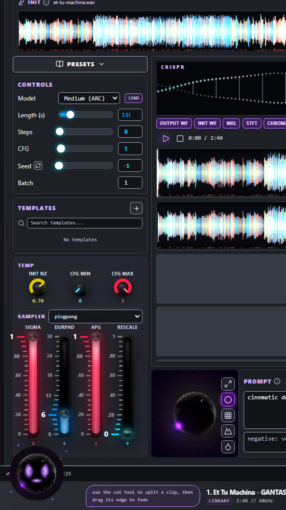 The MAKE controls: model, length, steps, CFG, seed, batch, templates and the sampler faders