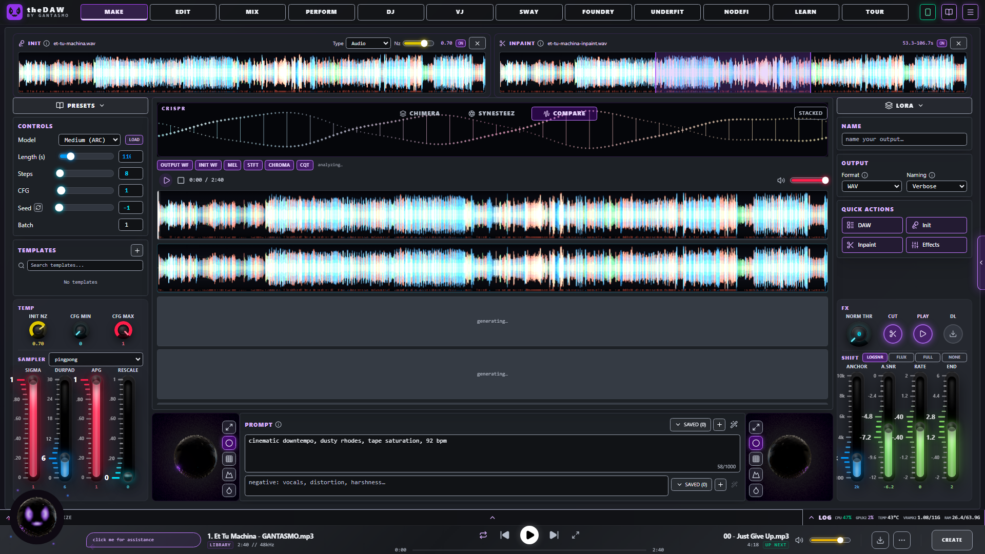 The MAKE tab with a prompt, init audio, an inpaint region, the Chimera stack and the spectrogram viewer, in the Brushed Steel theme