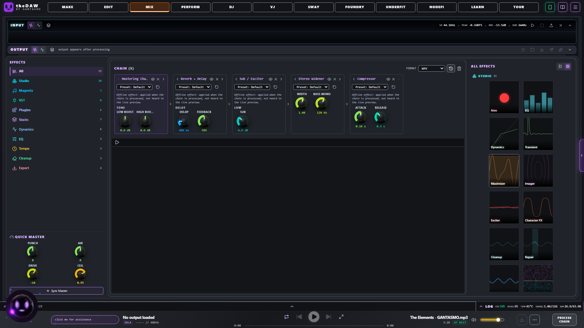 The MIX tab with a five-effect chain, the Maximizer control panel and the Quick Master knobs