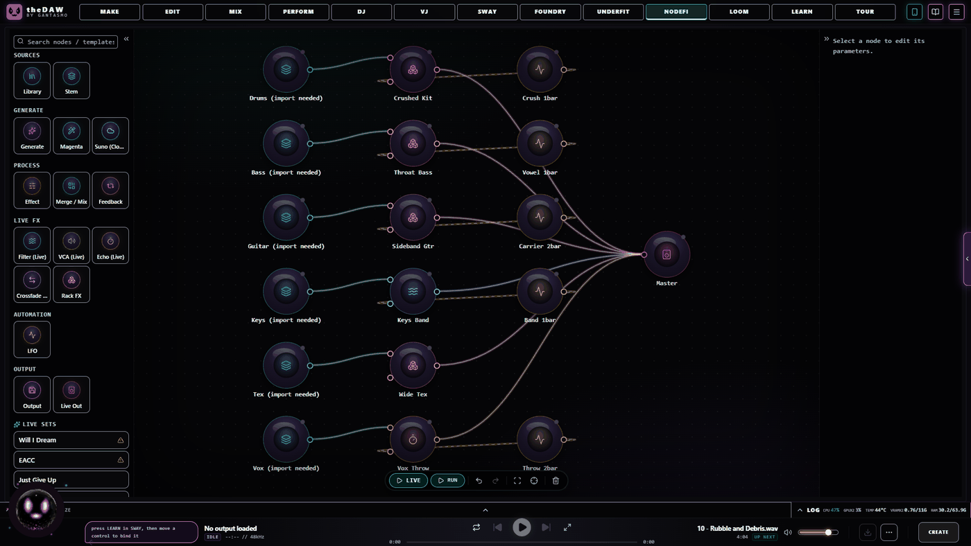 The NodeF.I. canvas with Library, Generate, Effect and Output nodes connected