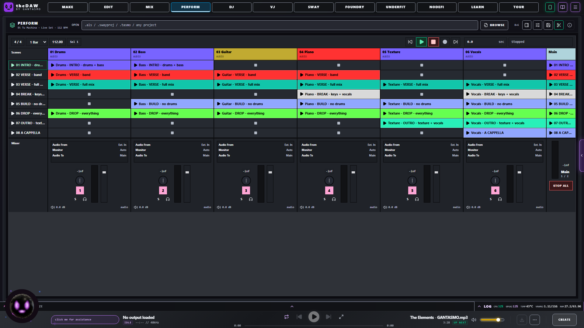 The PERFORM grid: six stem tracks and eight scenes from a .tasmo live set