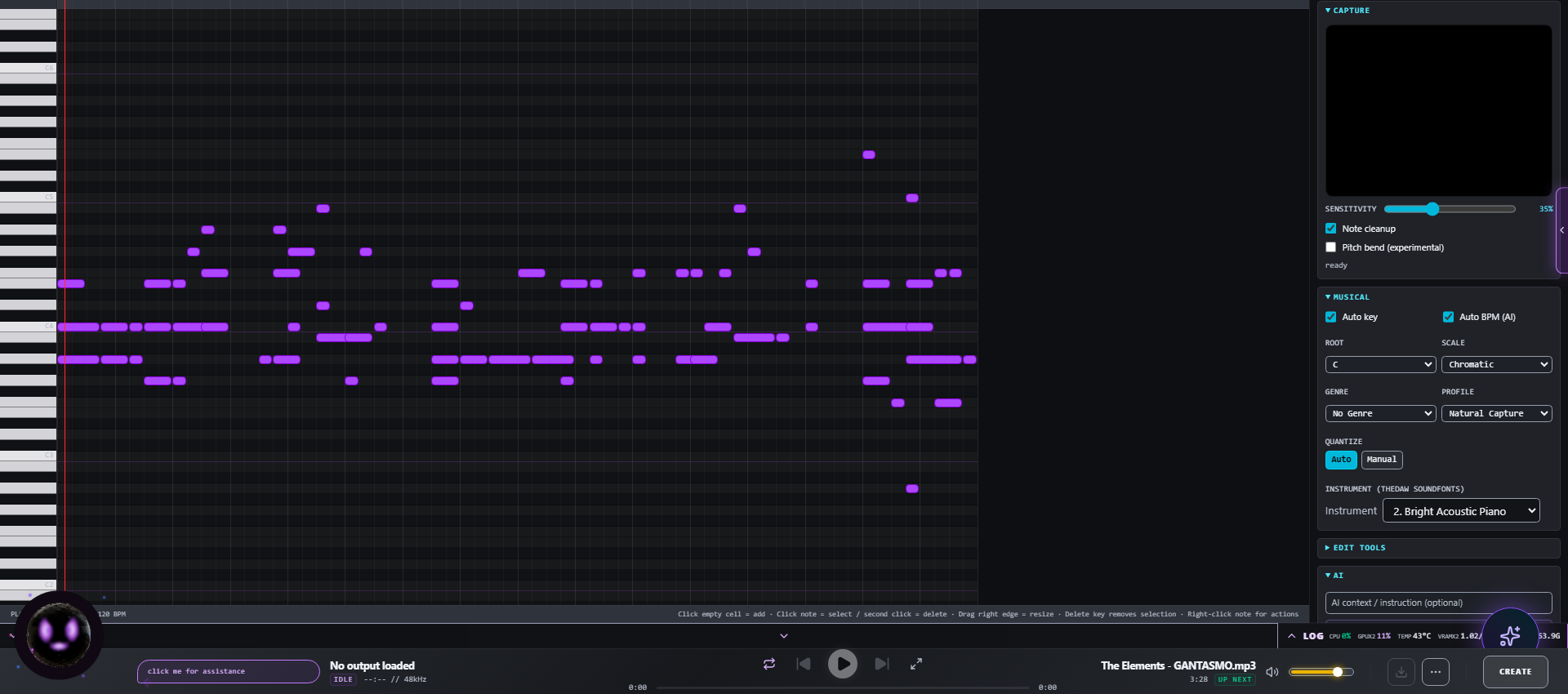 The MIDI tab: the piano roll with a track's notes loaded