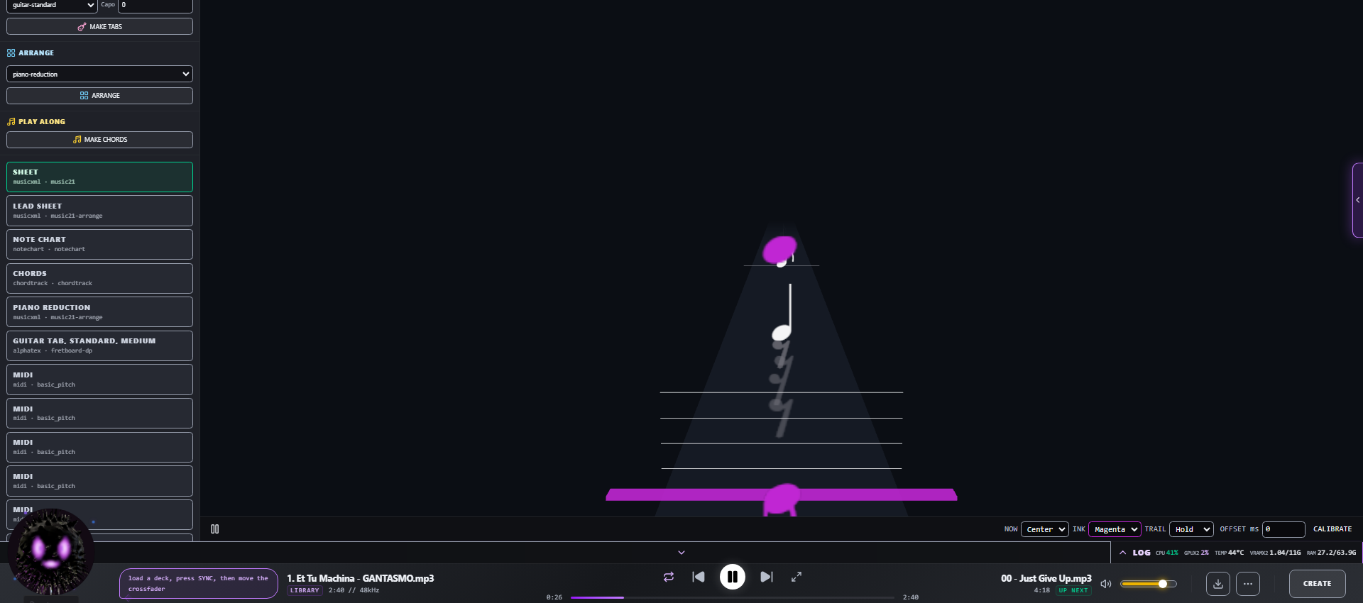 The HIGHWAY play-along view: notes approaching the hit line in the notation skin