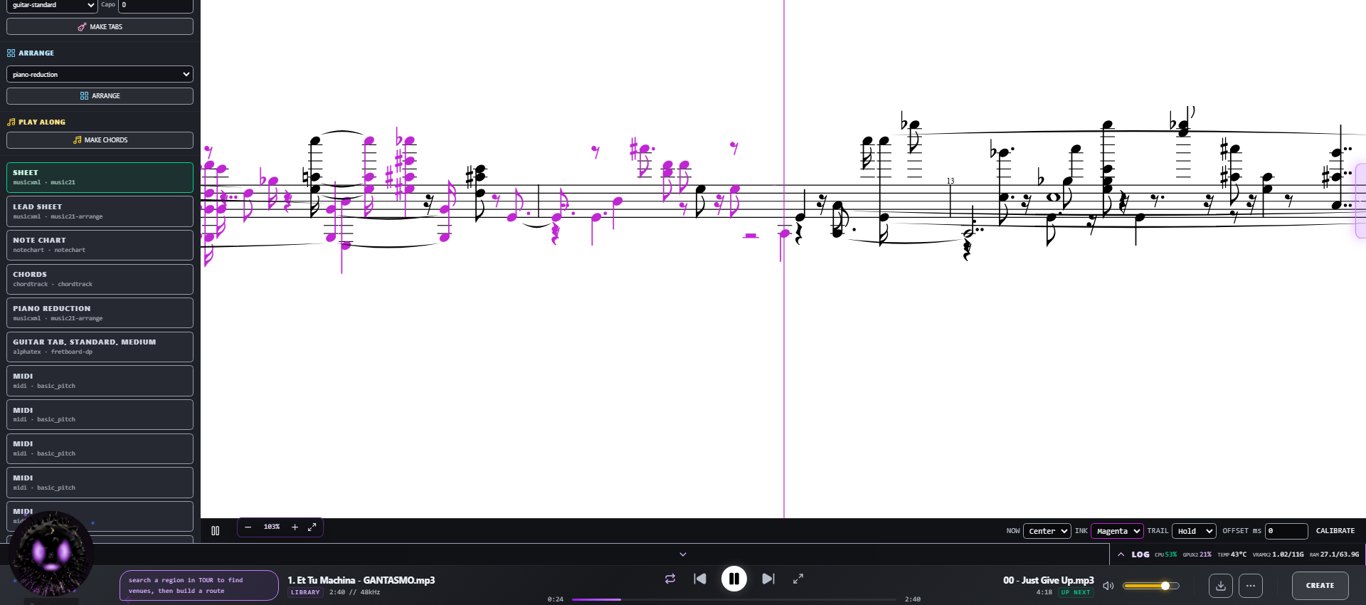 The STRIP play-along view: one long staff scrolling under the now-line, with played notes kept in magenta ink