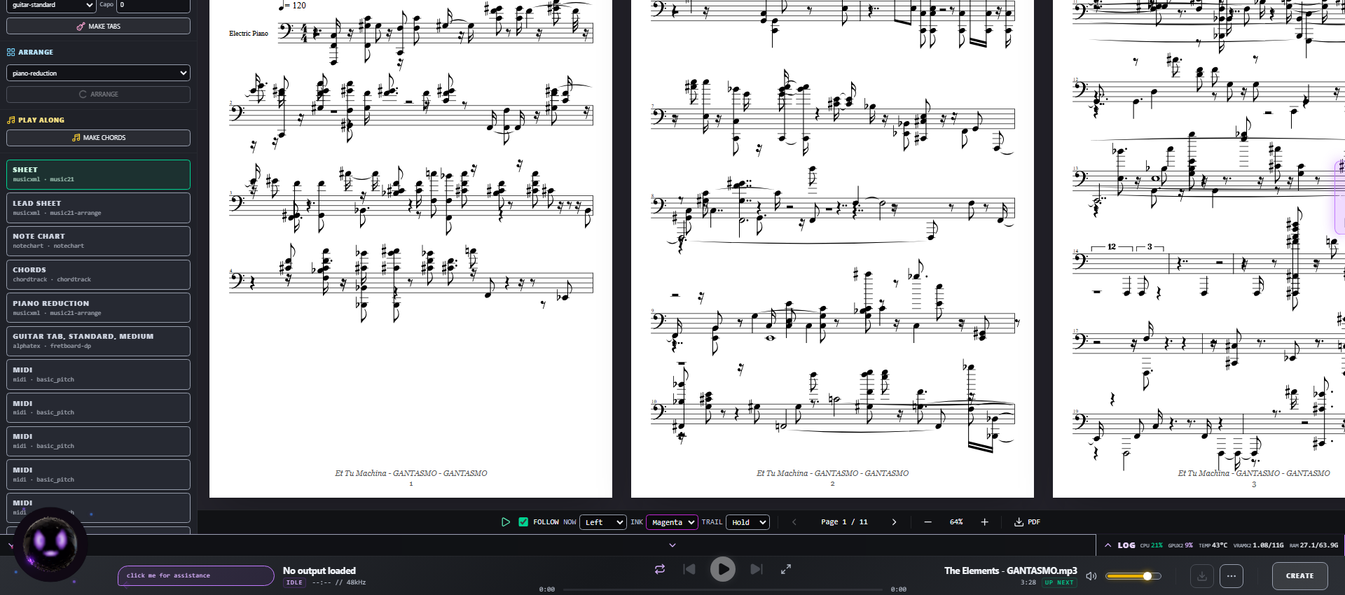 The SCORE tab showing a piano-reduction arrangement of a track's MIDI