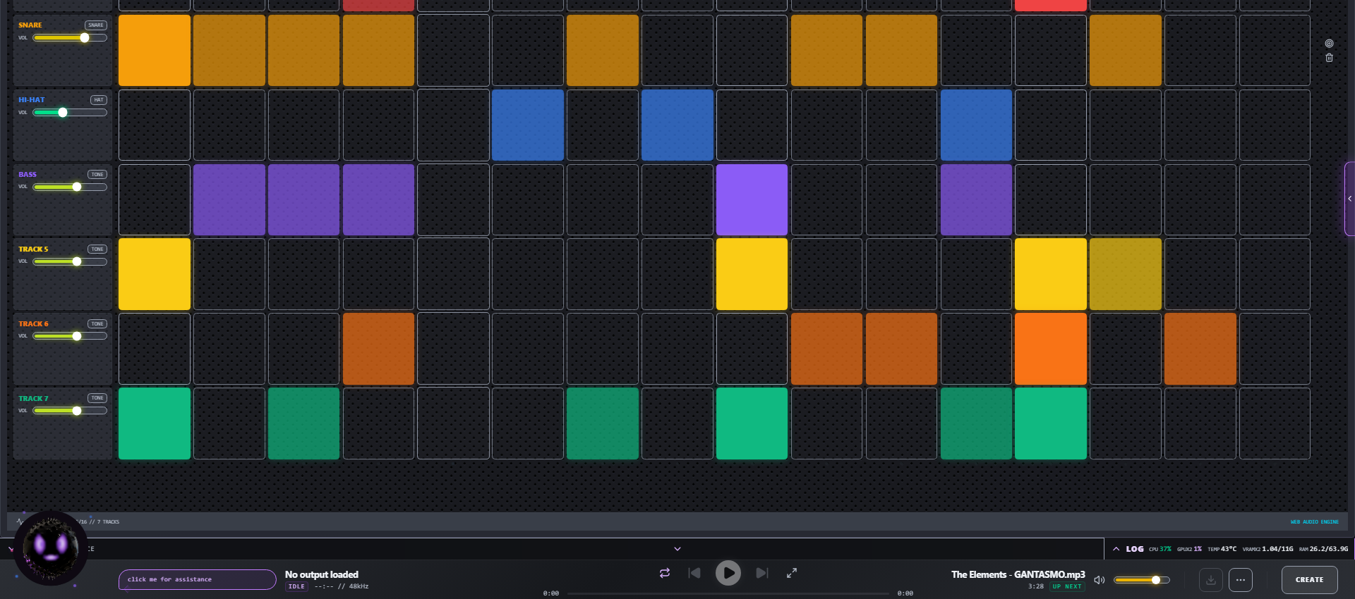 The SEQUENCE tab: an eight-voice step sequencer with a pattern