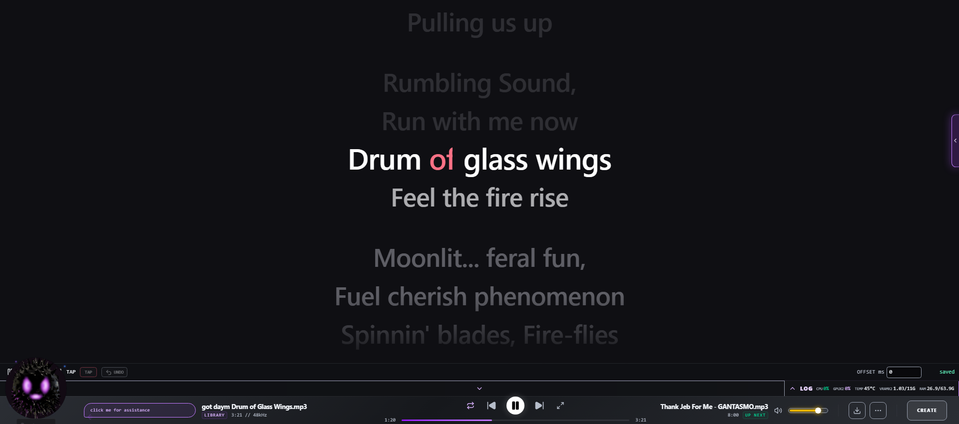 The SING tab: large centred lyrics, the active line in white, the word being sung filling in rose