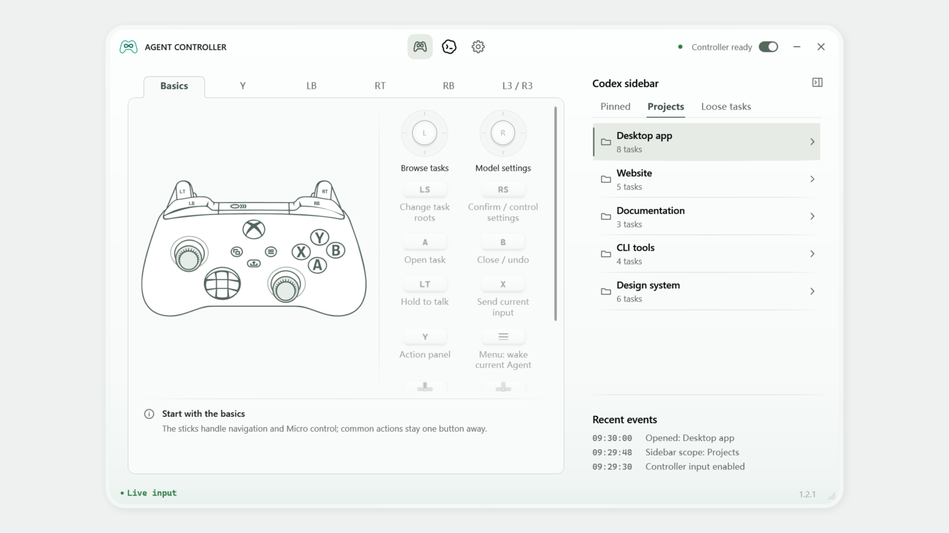Agent Controller development interface with example data