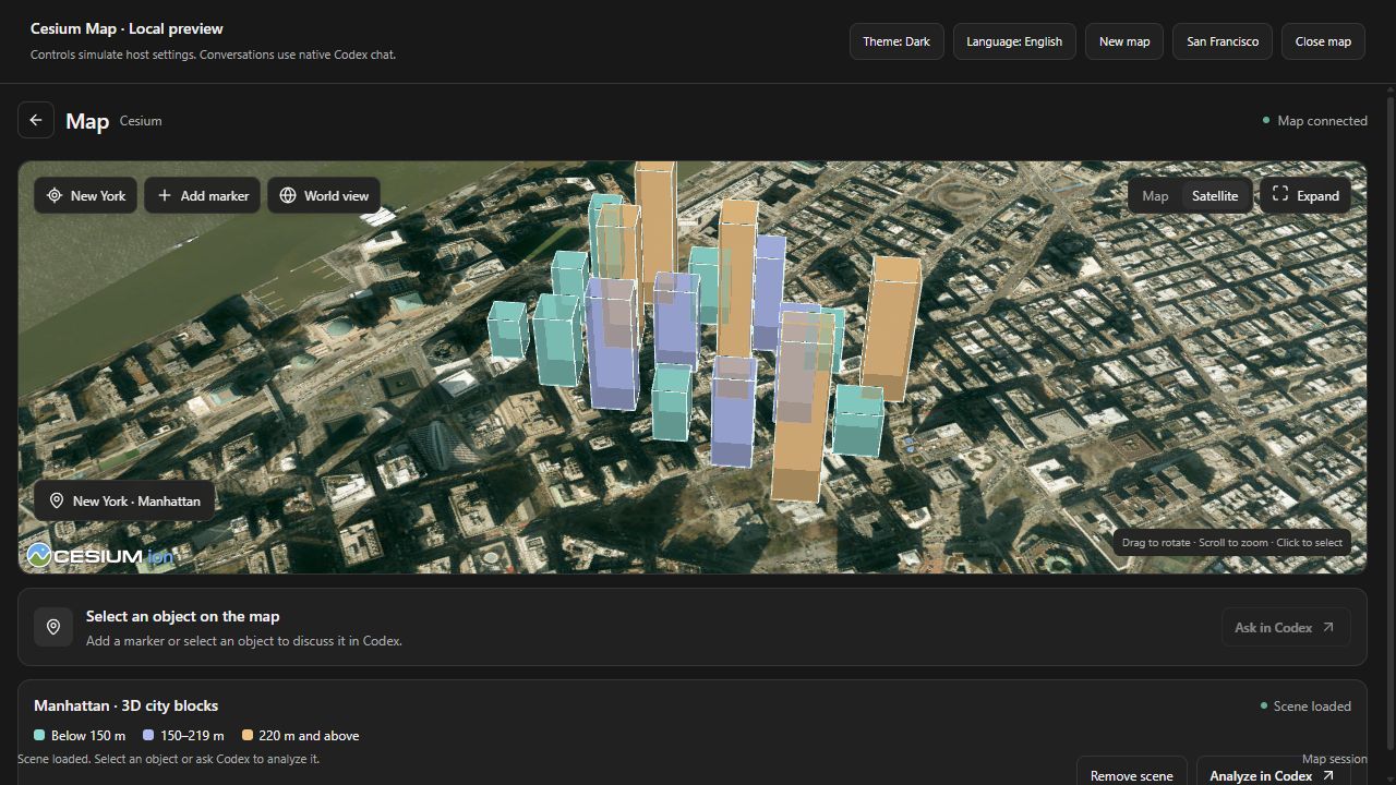 Cesium Map development preview showing Manhattan's 3D city blocks