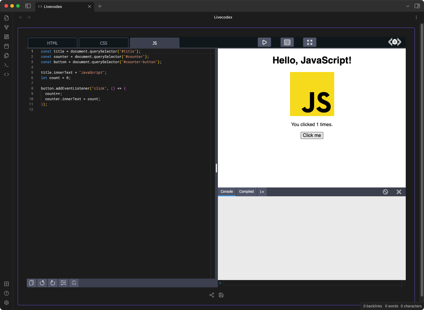 screenshot of JavaScript REPL
