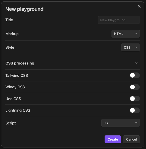 screenshot of new playground modal