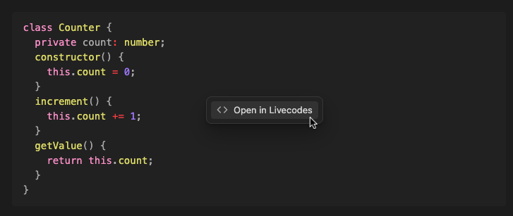 screenshot of open codeblocks in livecodes context menu