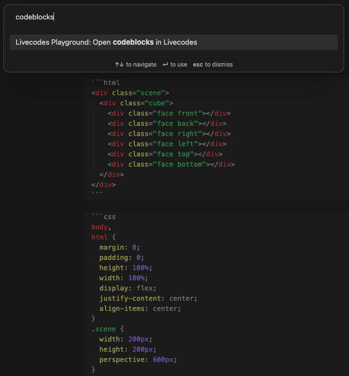 screenshot of open codeblocks in livecodes command