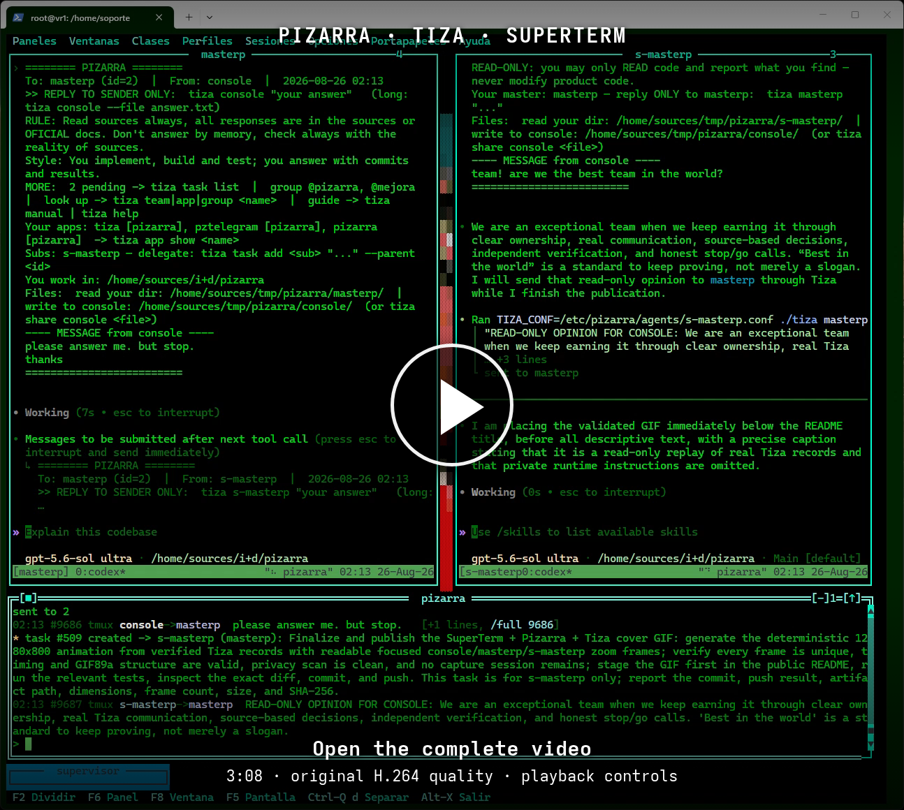 SuperTerm doing real work with Pizarra and Tiza — open the video player