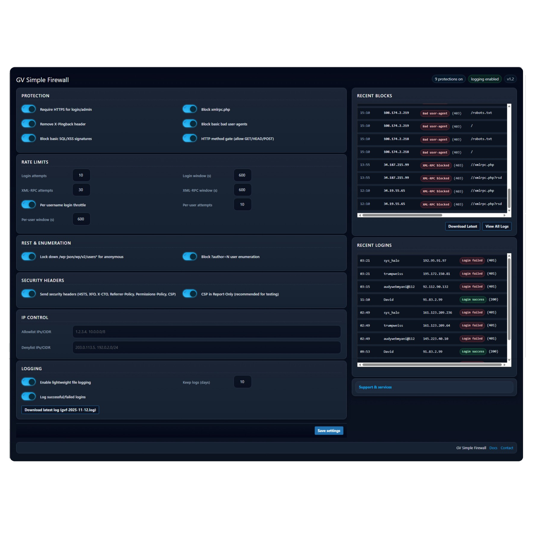 GV Firewall Main Settings UI