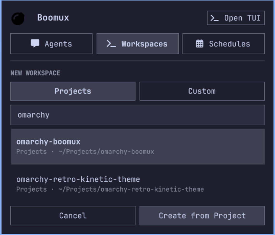 Boomux configured project picker
