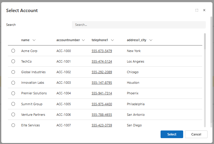 Modal Dialog Lookup