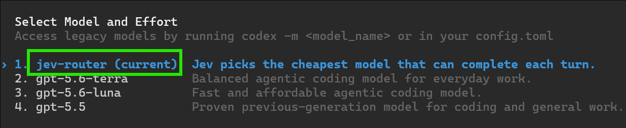 Jev Router in the OpenAI Codex model picker