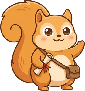 Ratatosk, a messenger squirrel with a scroll in its bag, waving hello