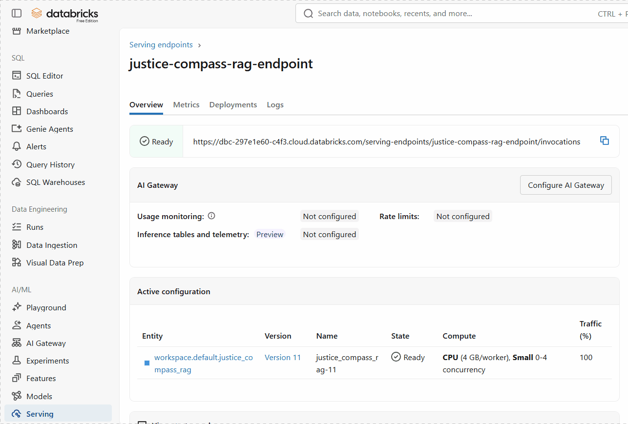 Model Serving endpoint status Ready, with the invocation URL to copy