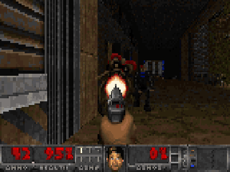 Doom running in Bel: imps, a shotgun guy and the pistol on Freedoom's E1M1