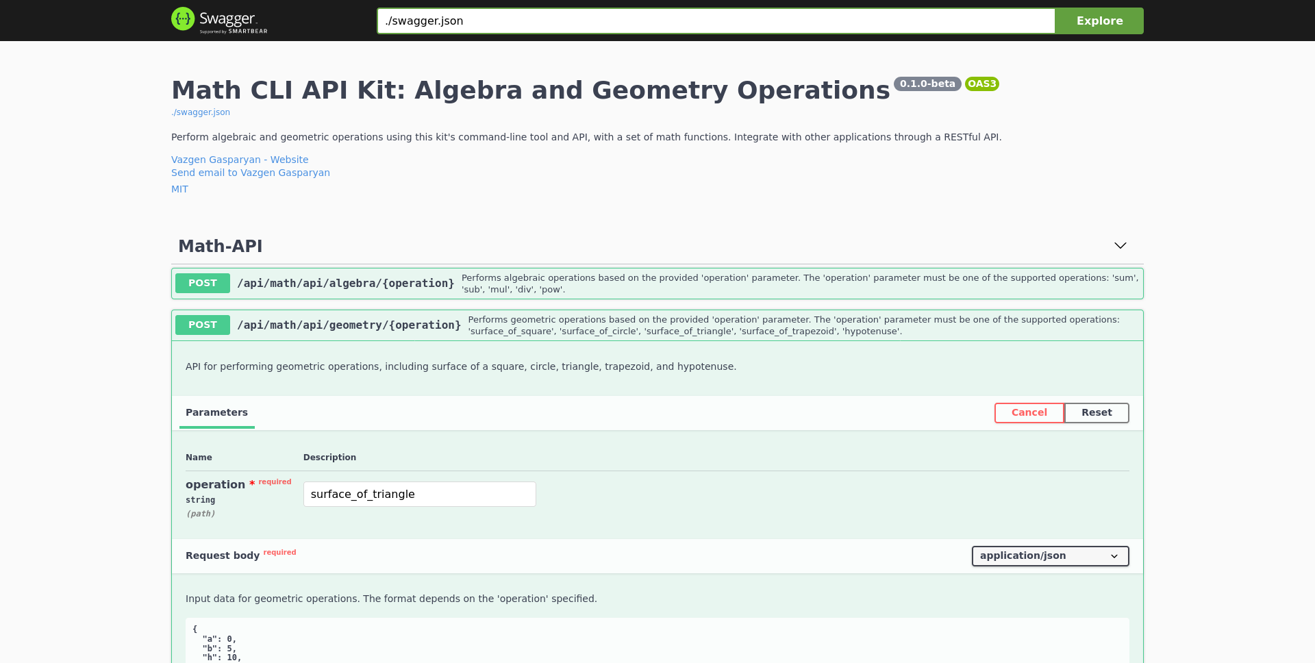 Math CLI API Kit Swagger UI