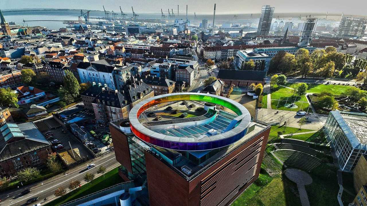 ARoS Aarhus Art Museum Your rainbow panorama from air, day, pale blue sky