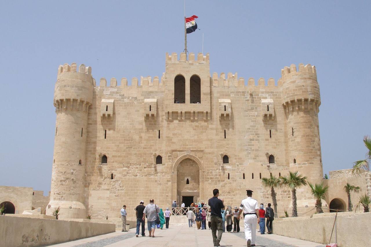 Citadel of Qaitbay fortress facade, Alexandria, day, clear blue sky