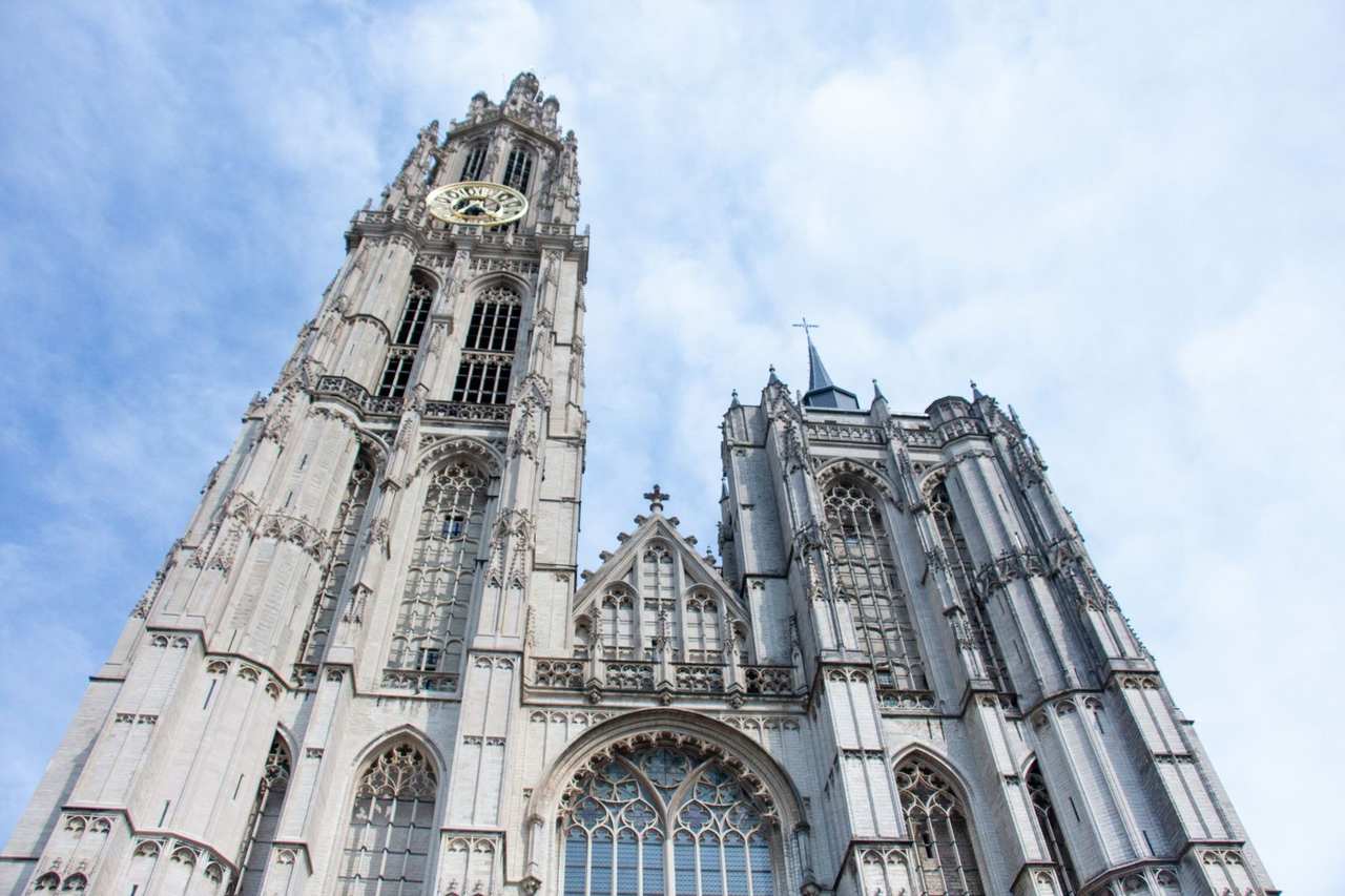 Cathedral of Our Lady, Antwerp, day, pale blue sky with light clouds