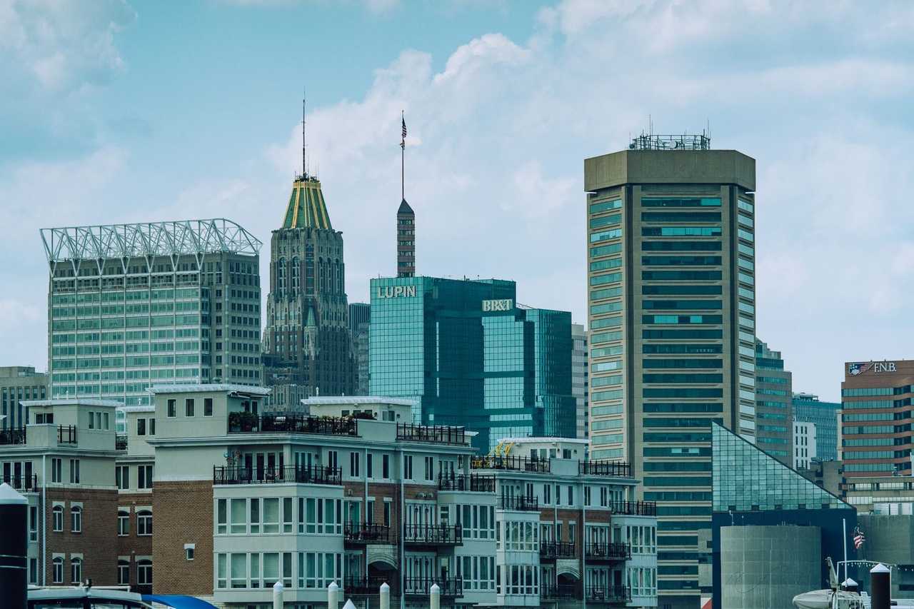 Baltimore Inner Harbor skyline, day, blue sky