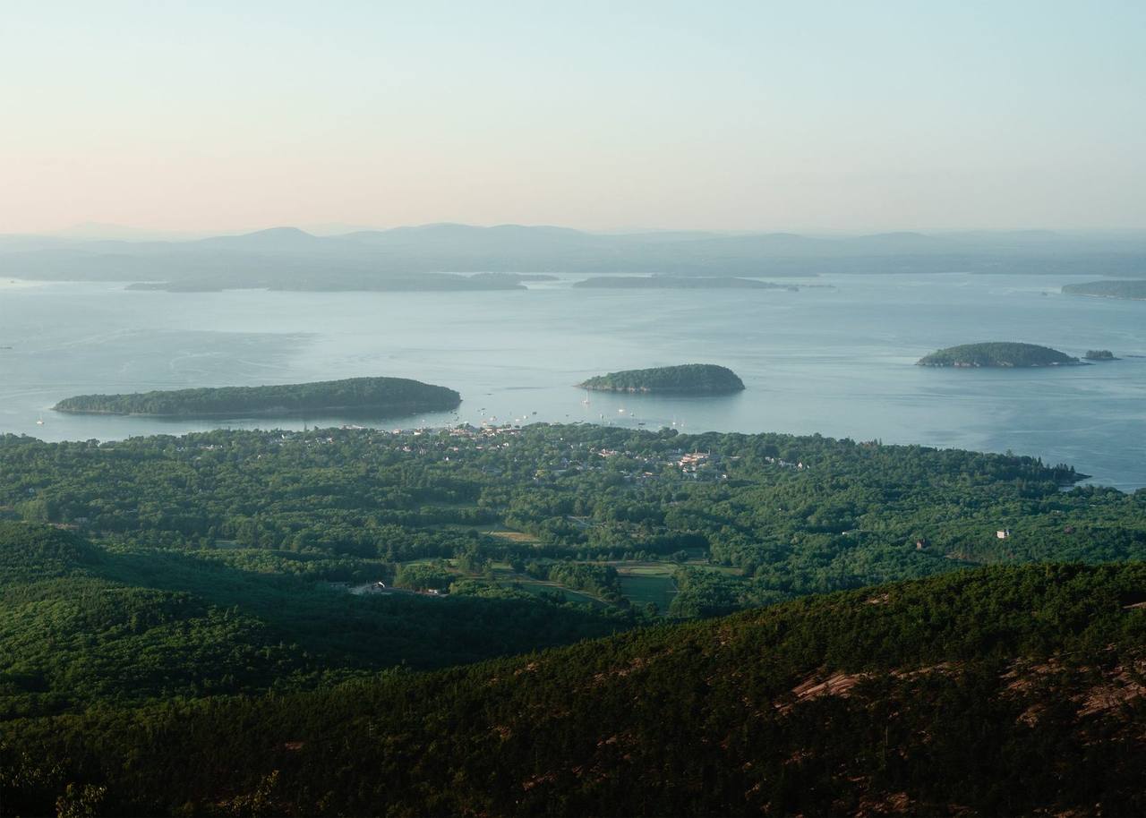 Bar Harbor and Frenchman Bay from Cadillac Mountain, day, pale blue sky