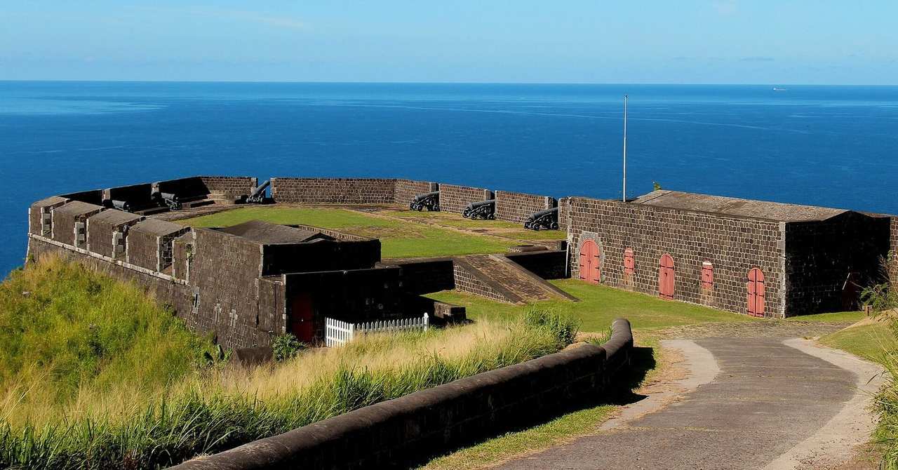 Brimstone Hill Fortress cannons overlooking the Caribbean, St
